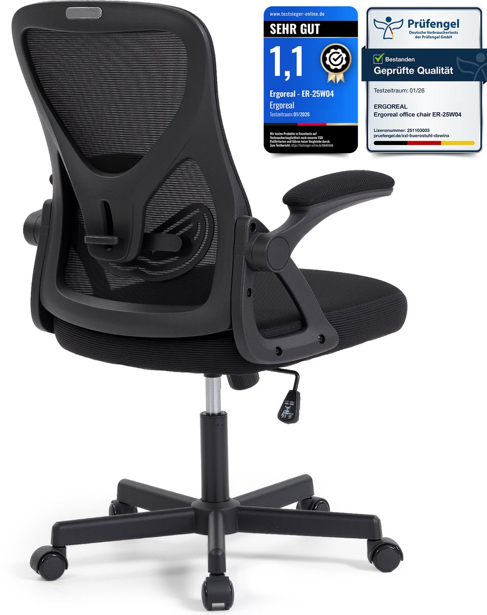 Ergonomische Bureaustoel - Office Chair - Opklapbare armleuningen-Lendensteun -Zwart