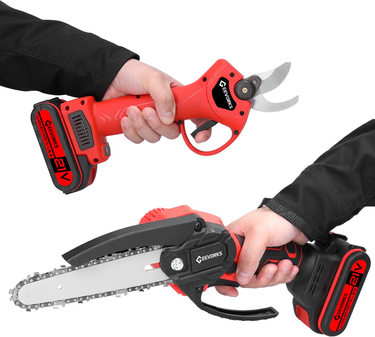 21V Draadloze Mini Kettingzaag en Snoeischaar Set 15 cm – Krachtig, Snel en Licht – Moeiteloos en Compact Tuingereedschap – voor Snoeien, Takken en Hout