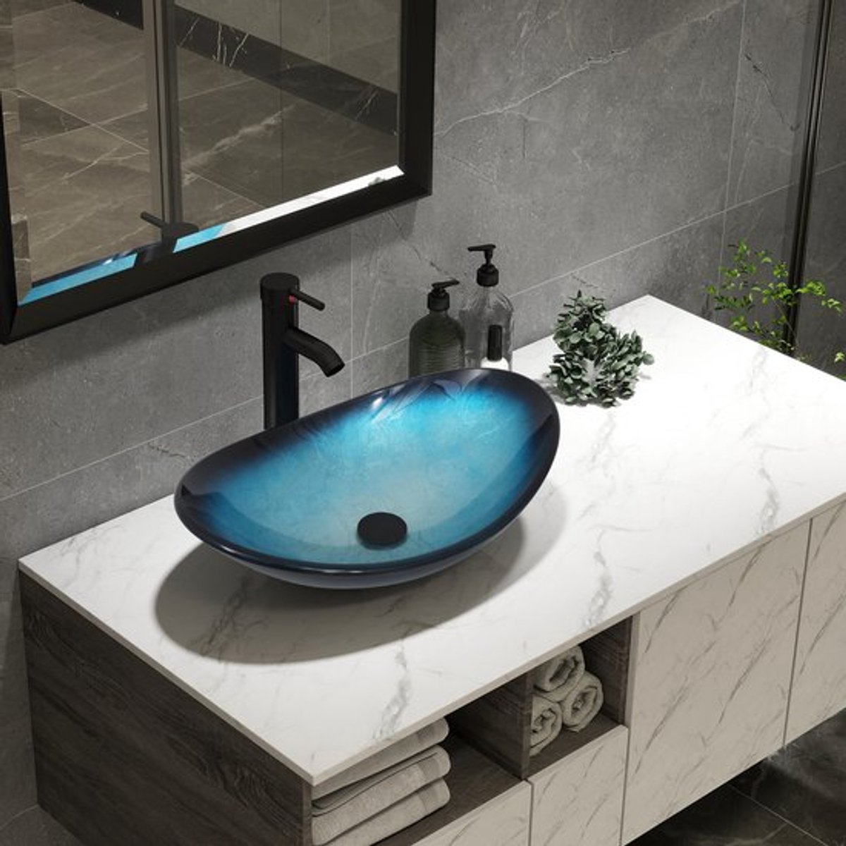 Ocean blue waskom wastafel met zwarte kraan en plug maten 53x35 x16 cm hoog