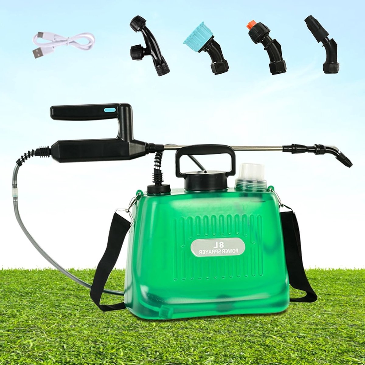 Elektrische Drukspuit voor de Tuin - 8 Liter, Accu Tuinspuit met 4 Vernevelmonden, USB Oplaadbaar en Verstelbare Schouderriem voor Gemakkelijk Gebruik