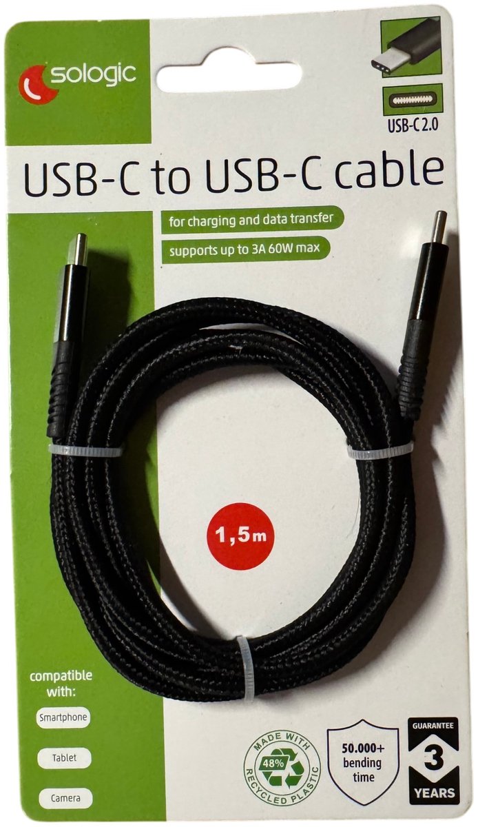 Sologic laad- en datakabel - USB-C naar USB-C - 1.5 meter