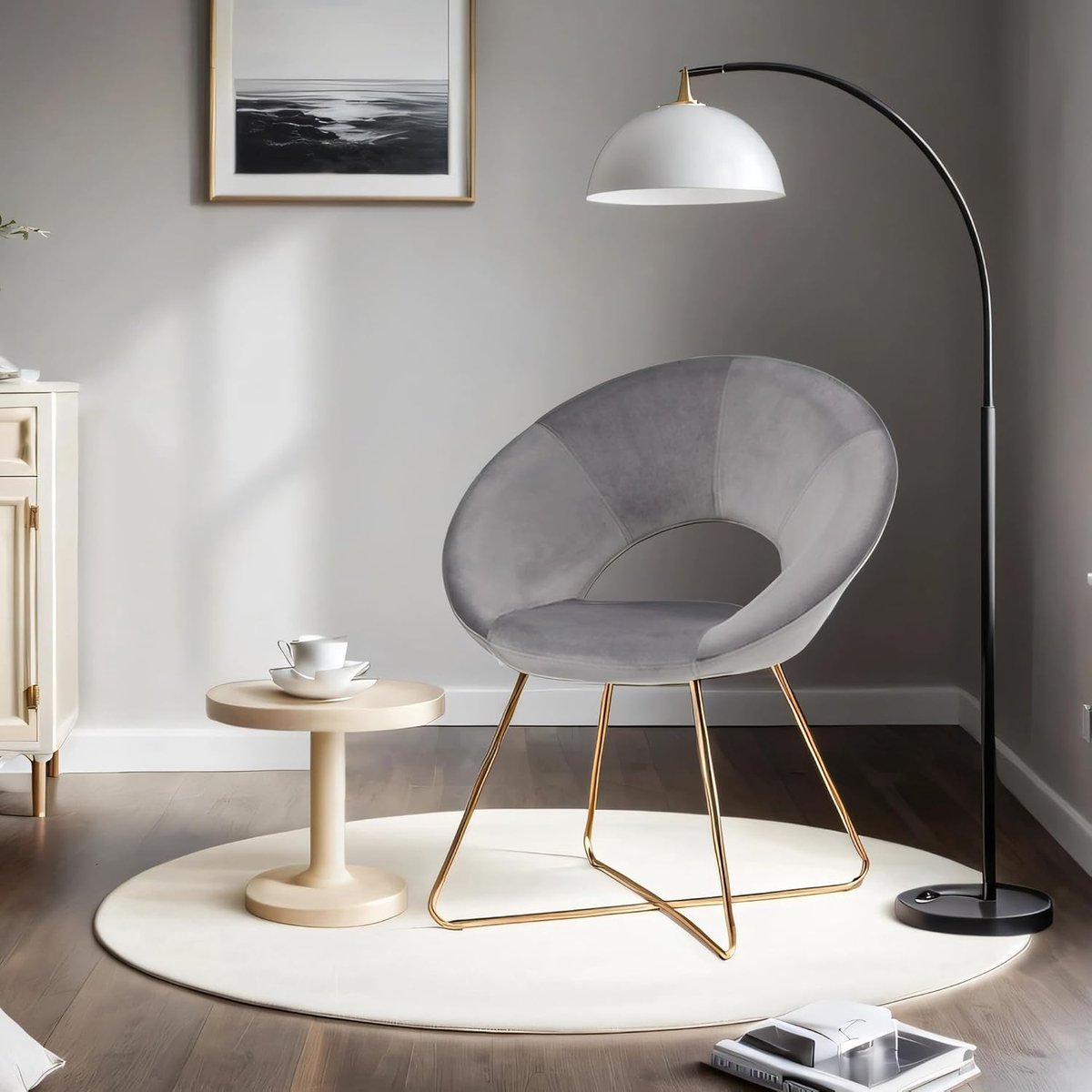 Eetkamerstoel Fluweel met Armleuningen - Design Fauteuil met Gouden Metalen Onderstel, Gestoffeerde Stoel grijis voor Woonkamer en Eetkamer - 72x53x84 cm - Vermissen