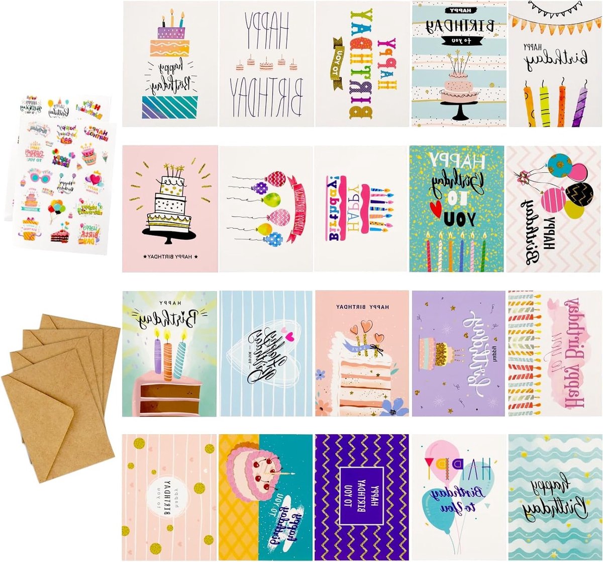 Verjaardagskaarten Set van 20 - Kleurrijke en Creatieve Ontwerpen voor Elke Verjaardag