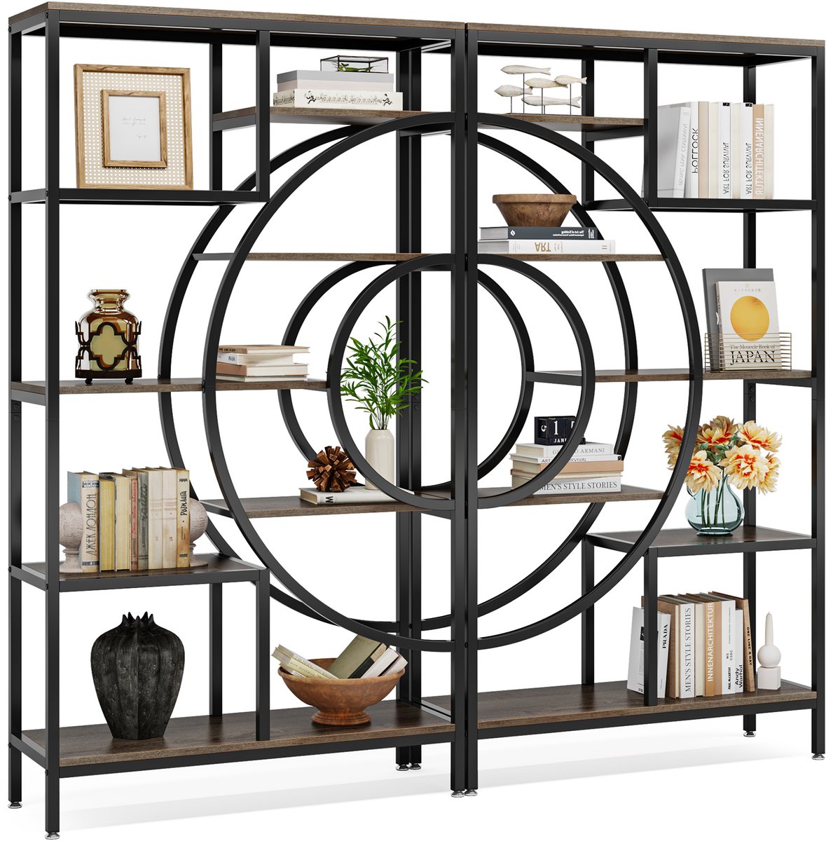 Velmio Boekenkast industrieel - boekenrek - wandrek - bruin/zwart - hout/metaal - 30x9x175 - met 5 lagen - open Zwart/Bruin