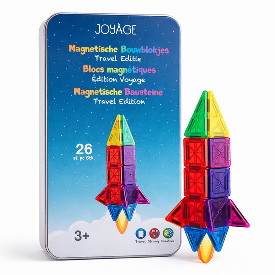 Joyage Magnetische tegels Reisset - Mini Magnetic tiles travel set - 26 stuks - Magnetisch bouwspeelgoed - Magnetisch speelgoed voor onderweg - Montessori Speelgoed voor in de auto vliegtuig - Magna tiles travel set - Magneten speelgoed constructie