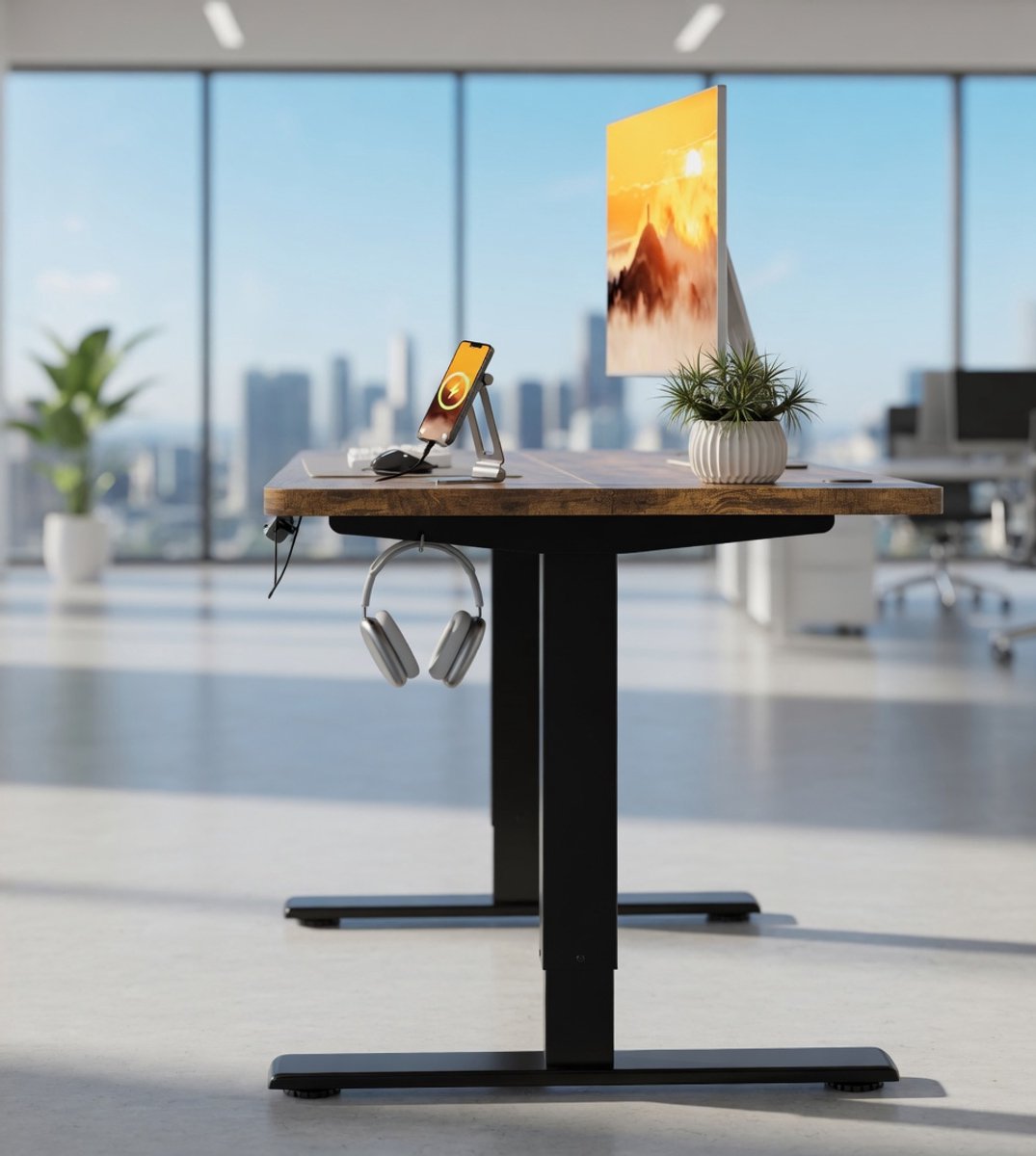 In hoogte verstelbaar elektrisch bureau 100 x 60 cm met USB-oplaadpoort, bureau in hoogte verstelbaar, ergonomische sta-zittafel, bruin-Mobili Bella