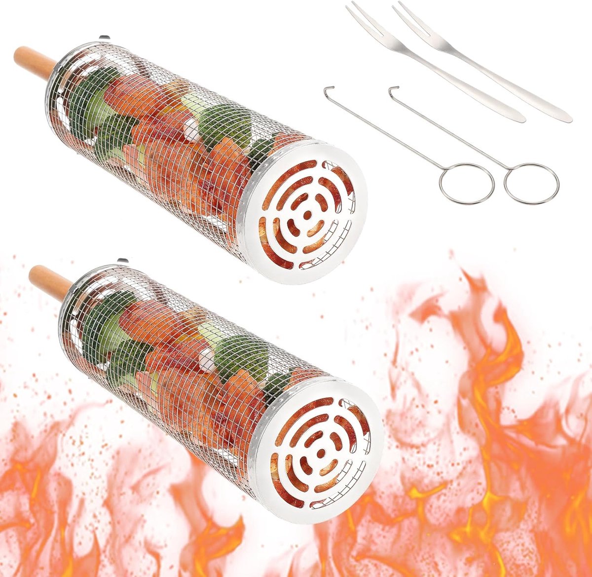 Een set van twee stapelbare barbecuemanden van 304 roestvrij staal met houten handvatten - grote capaciteit - geschikt voor buitenbarbecues en kamperen - te gebruiken voor het grillen van groenten, garnalen, kip, enz.