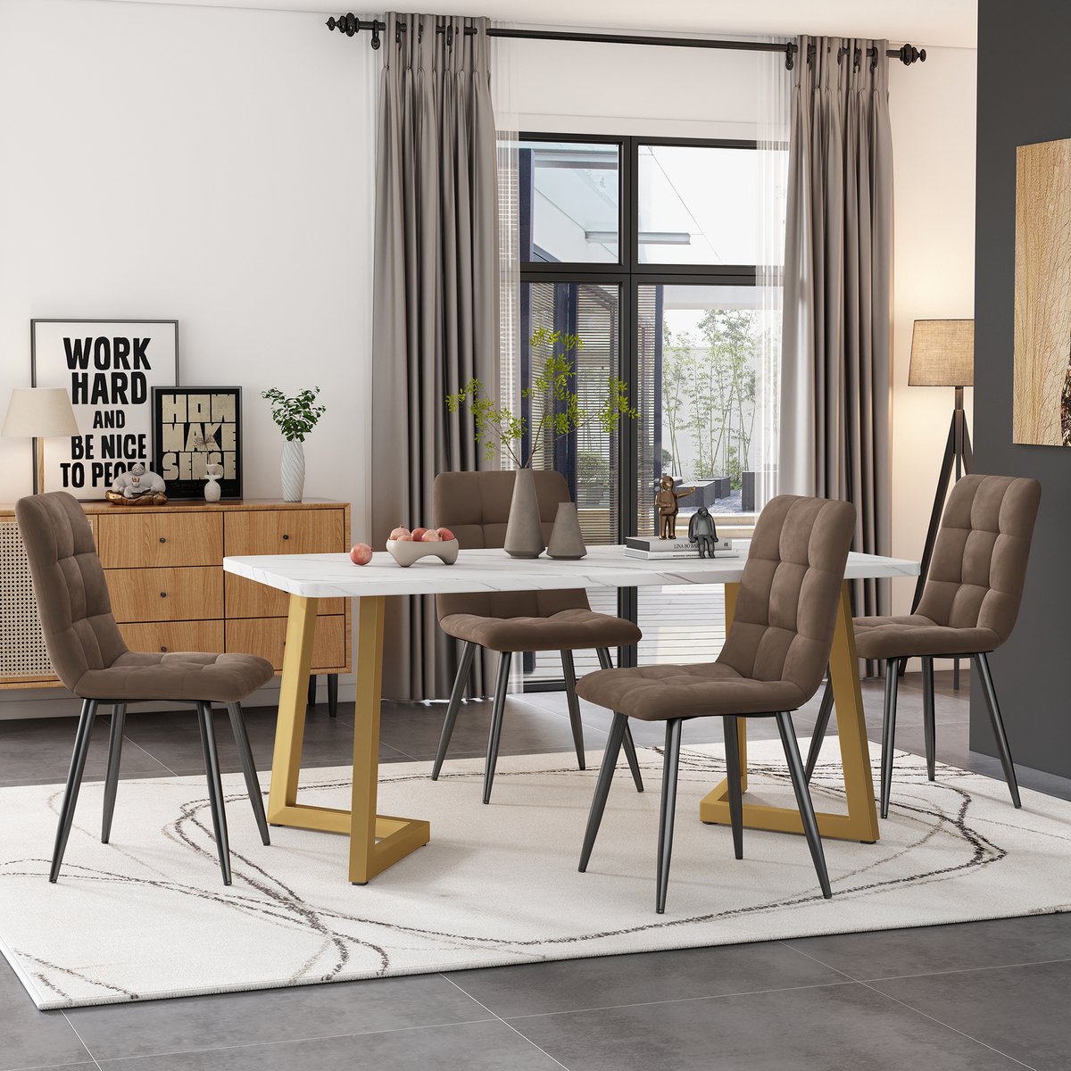 MIVRAY Eettafelset Met 4 Stoelen - Rechthoekige Eettafel Met Fluwelen Stoelen - Voor Eetkamer En Keuken - MDF - 117x68x75 Cm - Bruin