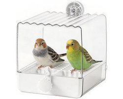 Multifunctioneel vogelbadje voor in de kooi, 15,5 × 16 × 16 cm, inclusief accessoires voor de vogelkooi en voeding, geschikt voor papegaaien, dwergpapegaaien, mussen en witpapegaaien.
