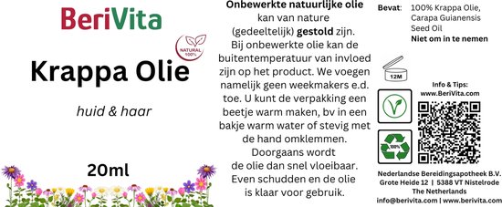 Label voor Berivita Krappa Olie 20ml, huid & haar, met ingrediënten en gebruiksaanwijzing.