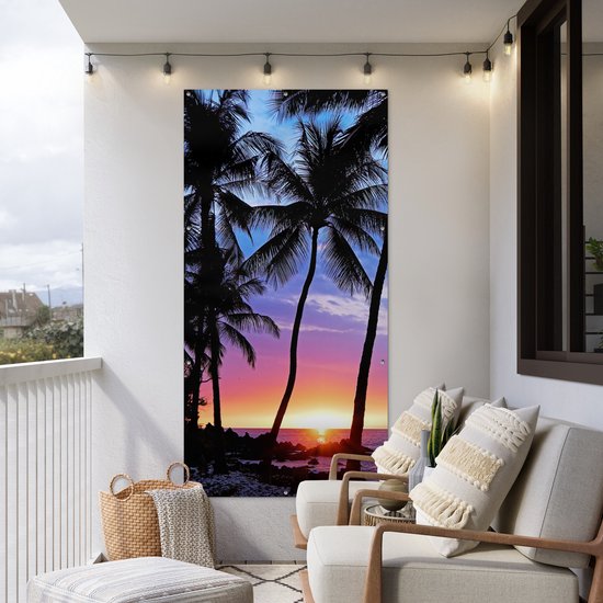 Affiche clôture Une silhouette de palmiers lors d'un coucher de soleil sur Hawaï - 100x200 cm - Toile jardin