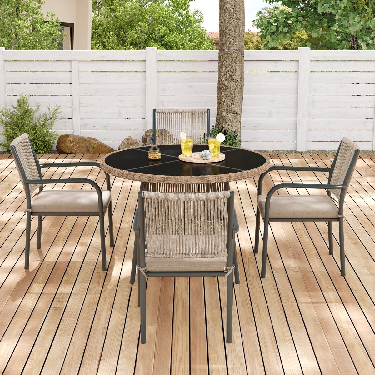 Gutent Loungesets - Tuinset - 5 Delig - 1 Ronde Glazen Tafel - 4 Armstoelen - Metaal Gestel - Voor Tuin Terras - Grijs – foto 4
