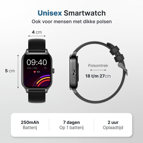 Afmetingen van een zwarte smartwatch met wijzerplaat: 4 cm breed, 5 cm hoog, polsomtrek 18-27 cm.