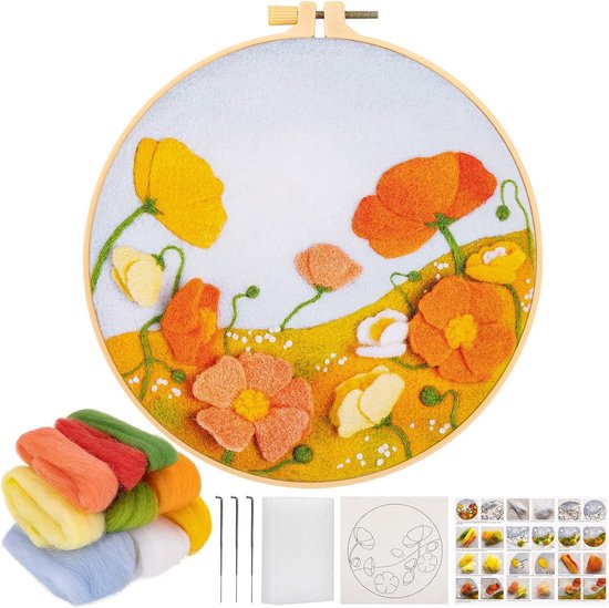 Een compleet naaldviltpakket met afgewerkt viltwerk van papaverbloemen, wol, naalden, schuimkussen en instructies.