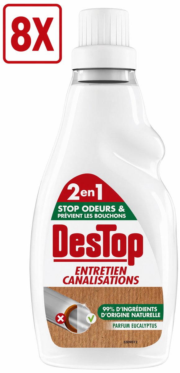 8 x DesTop - Onderhoud Leidingen - Ecologisch met Witte Azijn - Natuurlijke Ingrediënten - Eucalyptusgeur - 750 ml