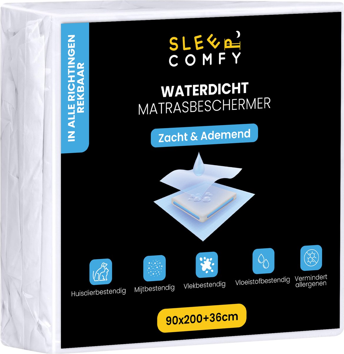 Sleep Comfy - Waterdicht Matrasbeschermer | 90x200 cm - Moltons - Hoeslakenbadstof - Antibacteriëel - Rondom Elastiek - Wit - Waterdichte Matrasbeschermer - Incontinentie Matrasbeschermerhoes