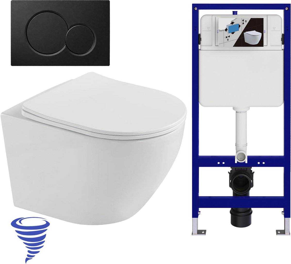 LOMAZOO Hangtoilet met Inbouwreservoir - Rond Wit - Drukplaat Rond Zwart - Linea