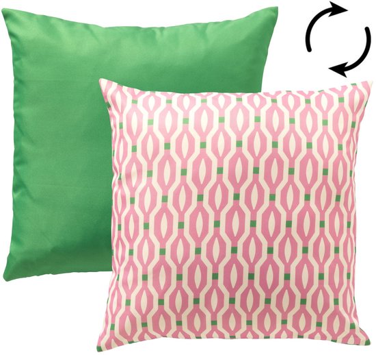 Kussensloop met roze en groene geometrische print, 45x45 cm.