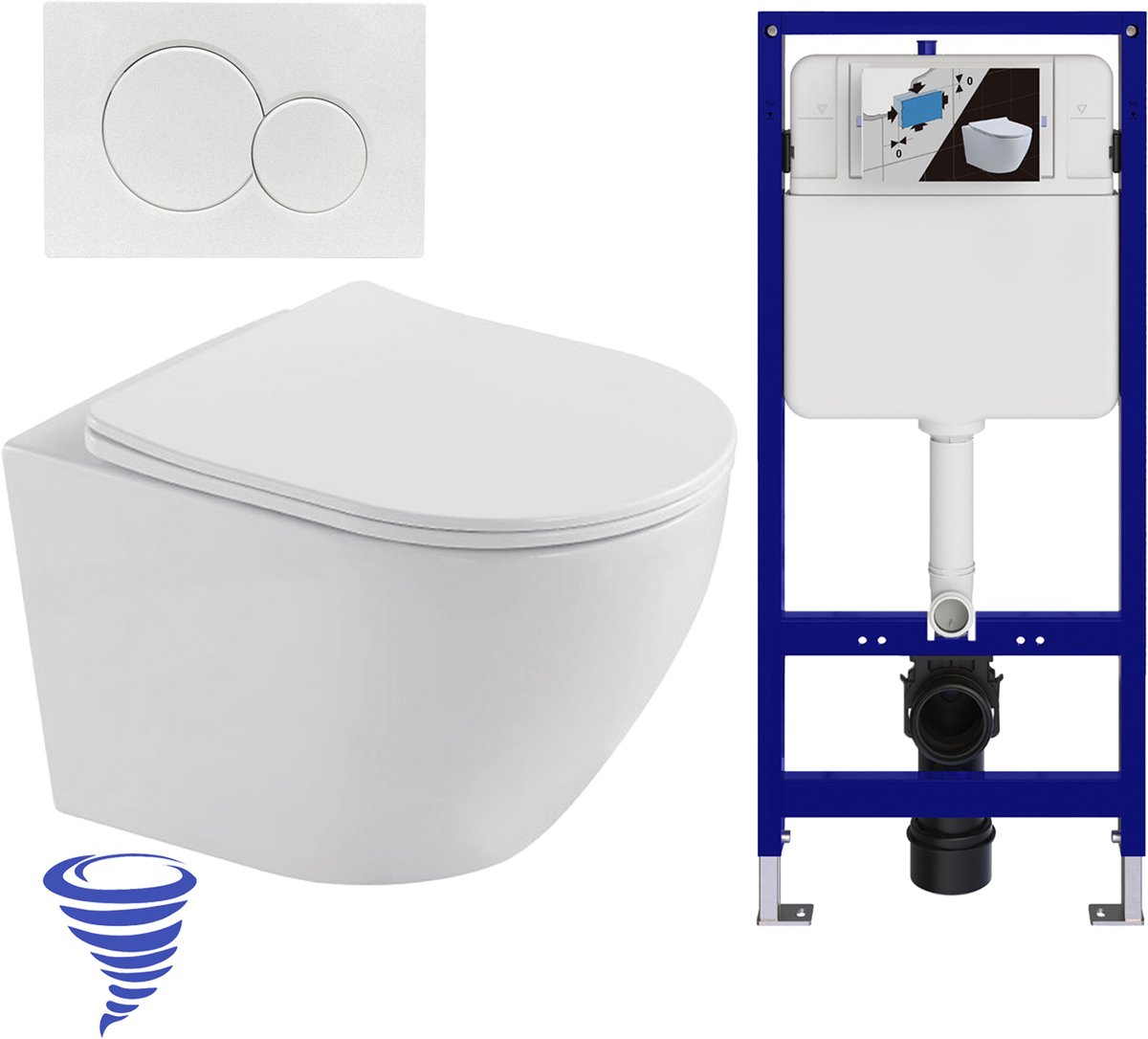 LOMAZOO Hangtoilet met Inbouwreservoir - Rond Wit - Drukplaat Rond Wit - Linea