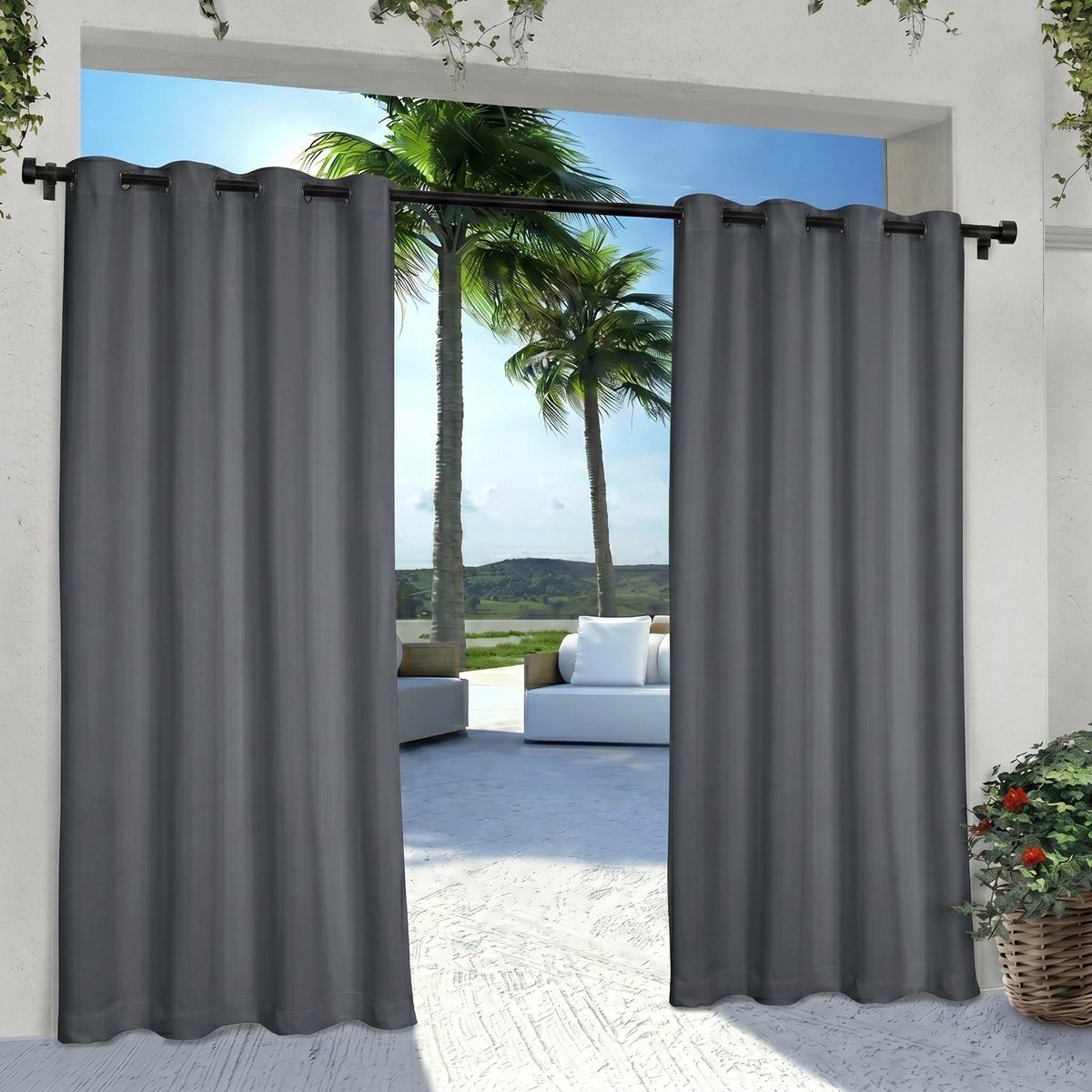 MUPOO Buitengordijnen Waterdicht Verduisterend en met Ringen - Verduisterend, UV-werend & Isolerend - outdoor Gordijn voor Veranda, Terras & Tuin -Donkergrijs-132x244cm-2 stuks donkergrijs-2 stucks