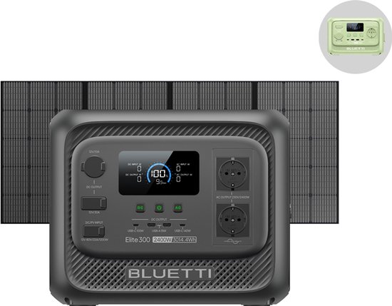 Grijze Bluetti Elite 300 powerstation met opgevouwen zonnepanelen
