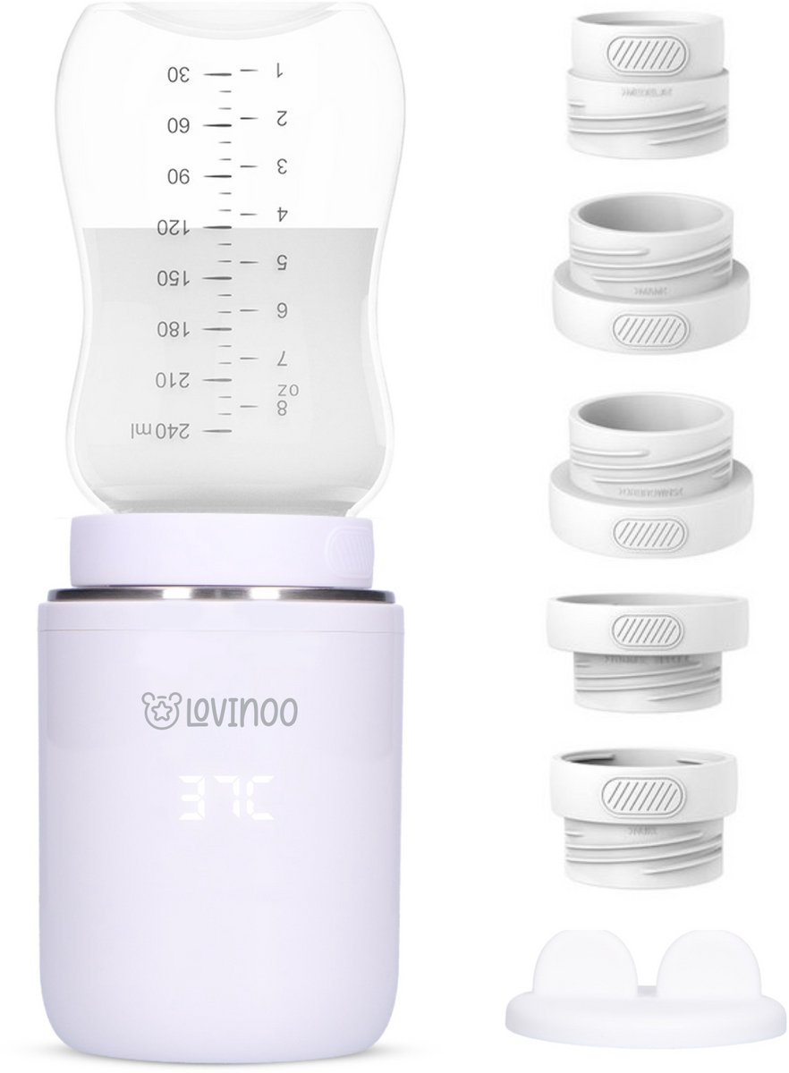 Lovinoo Flessenwarmer 2 stuks – 4 Temperatuurniveaus - Draagbaar & Draadloos - Flesverwarmer voor Babyvoeding – USB Oplaadbaar – Inclusief 5 Adapters - 13.200 mAh - Wit