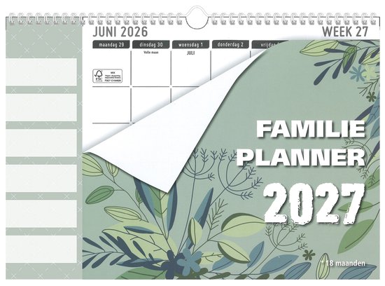 MGPcards - Kalender 18 maanden - Familieplanner 2027 - 6 Namen - Kalender - Familyplanner - Nederlandse en Belgische feestdagen - Juli 2026 tm december 2027 - 34 x 24,5 cm - Bladeren - Groen