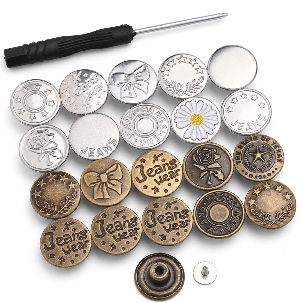 Zilverkleurig bronskleurig metalen knopen set 25 stuks kleding knopen dames en heren jeans knopen zonder naaien schroef knopen rond met reliëf patronen voor broeken denim reparatie en DIY