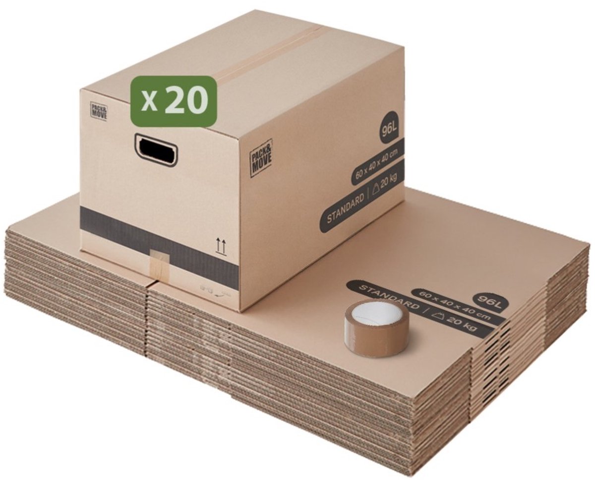 Pack and Move - Set 20 verhuisdozen L breed - 40 x 60 x 40 cm - Versterkte handgrepen - 1 tape gratis
