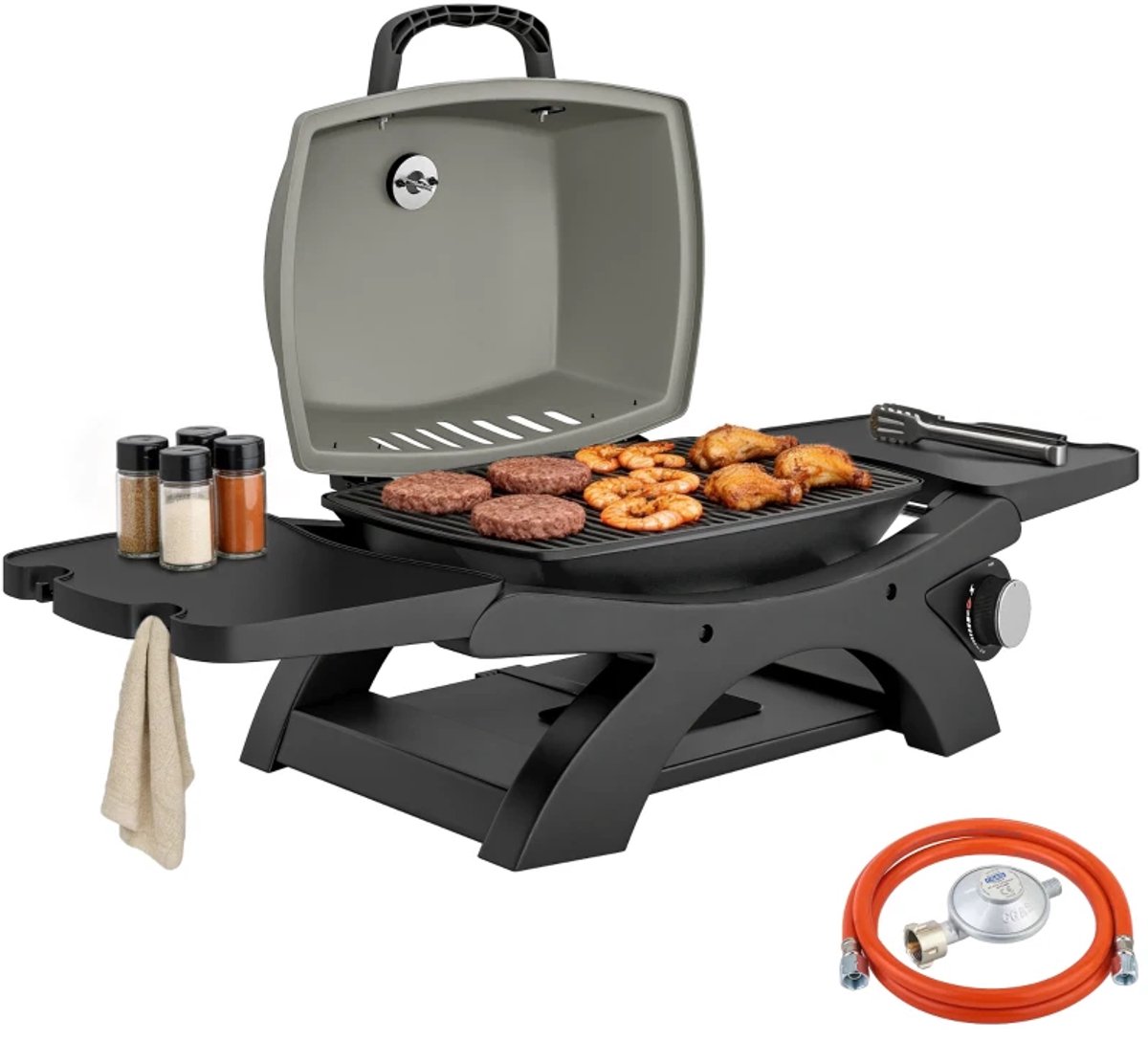 Draagbare Gasbarbecue - Inklapbaar Gasbarbecue en grill - 1 Branders - 3,3 kW - Grillwagen - Barbecuewagen - met Grillrooster, Bijzettafels, Vetopvangbak, Thermometer & Deksel - 102 x 48 x 38 cm - Zwart + Grijs