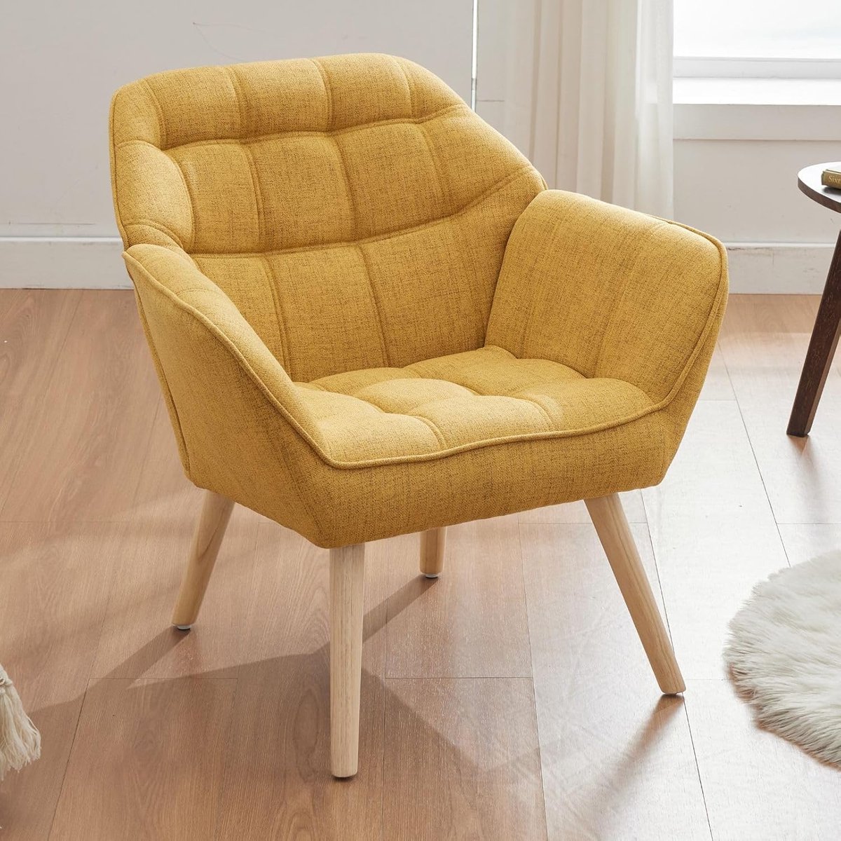 Fauteuil Linnen Accentstoel - Gestoffeerde Loungestoel met Houten Poten, Relaxstoel voor W