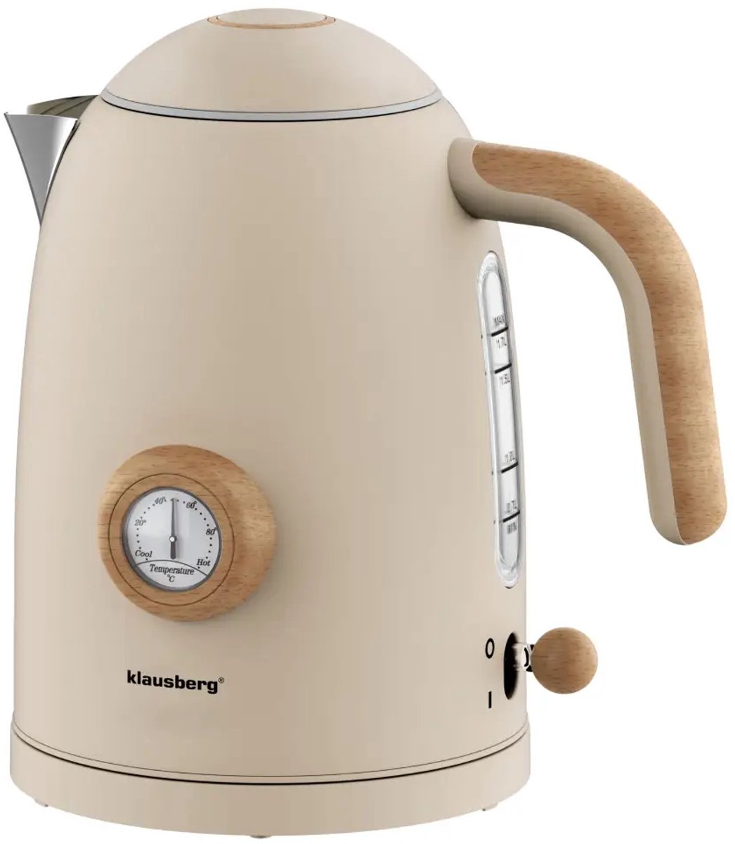 Klausberg - Waterkoker - Retro Waterkoker - Elektrische Waterkoker met Thermometer - Design Waterkoker met Houtkleur - Grote Waterkoker Keuken - Thee & Koffie Koker - 1.7L - RVS - 2200W - Beige