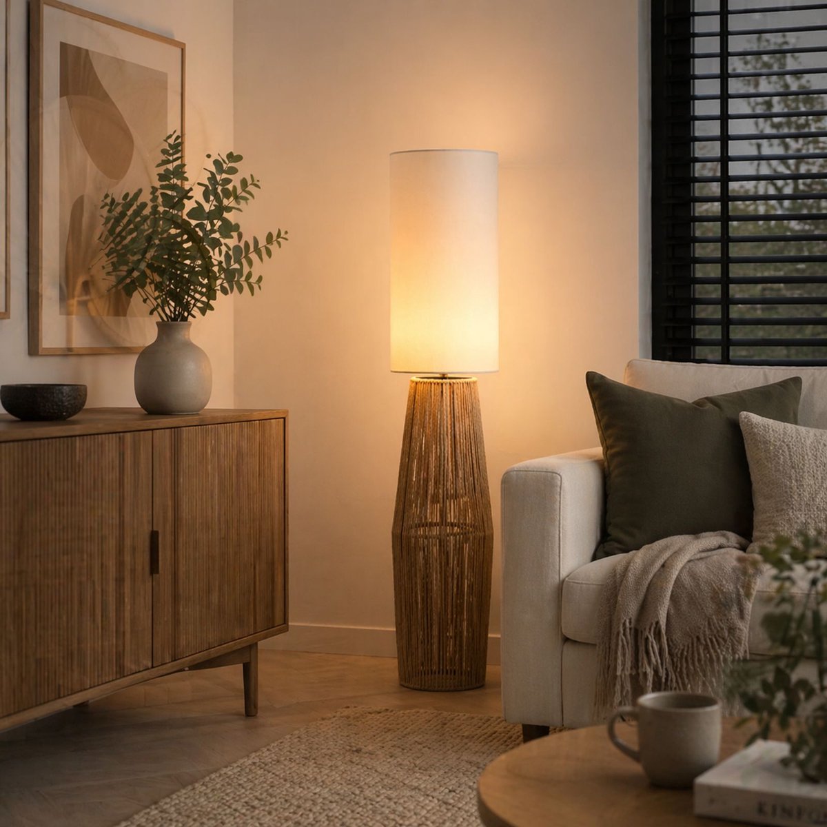 Luxaliving Vloerlamp Boho Rotan – Staande Lamp met Stoffen Kap – Natuurlijke Beige Vloerlamp voor Woonkamer & Slaapkamer – Warme Sfeerverlichting -130 cm thumbnail 4