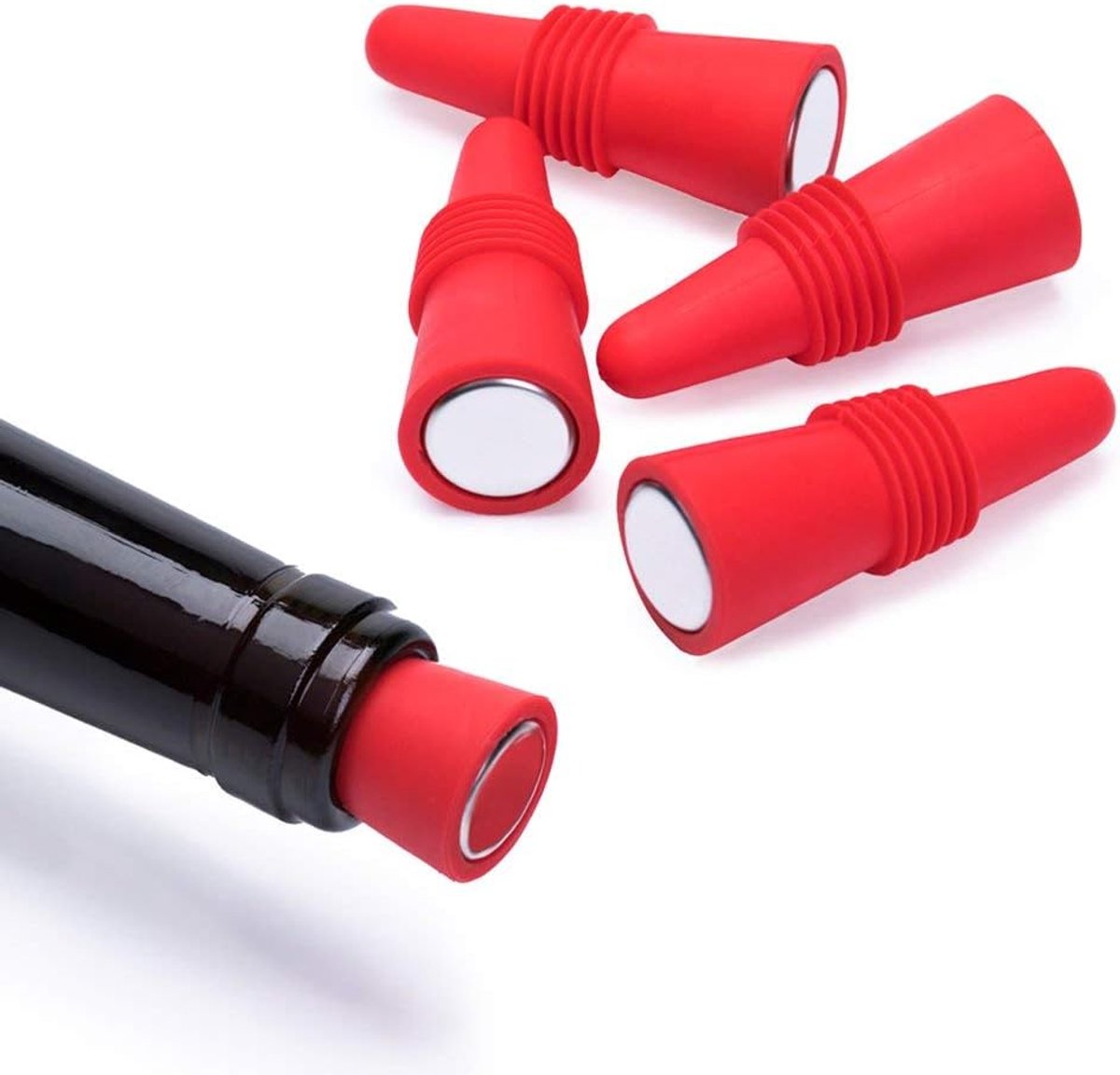 Flessenstoppers (5 stuks), siliconen flessenstoppers en drankflesstoppers, rood.