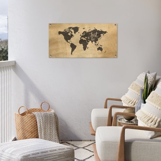 Poster de Jardin Carte du Wereldkaart - Papyrus - Citation - 80x40 cm - Décoration murale Extérieure - Poster de Jardin - Toile de Jardin - Poster Clôture - Tableau Jardin