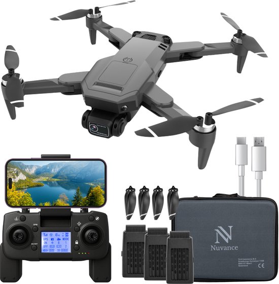 Nuvance - Drone met Camera en GPS - 1080p Mini Camera - voor Buiten en Binnen - inclusief Opbergtas en 3 Accu's - Mini Drone - Drone voor Kinderen en Volwassenen - Drones