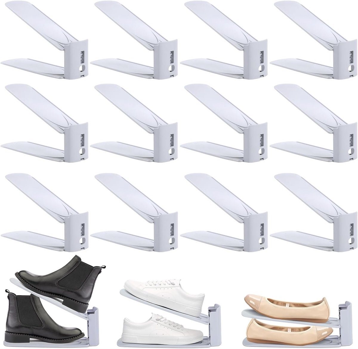 Set van 12 Opbergrekken voor Schoenen - Ruimtebesparend, 3 Niveaus, Verstelbaar en Antislip voor Hakken, Sportschoenen en Slippers