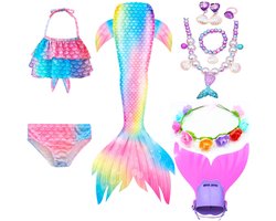 Damesbikini Zeemeerminstaart Bikini Verkleedset - Magische Regenboog Zeemeermin Zwemset | Zeemeerminstaart Zwempak Meisjes | Zwemstaart met Flippers | Zeemeermin Kostuum met Sieraden & Haarkap | Kinder Bikini Zwemkleding | Maat 120