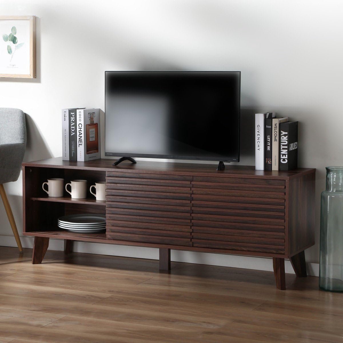 Luxe TV-meubel Walnootlook met 2 Schuifdeuren – Modern Dressoir 140 cm – TV Kast Woonkamer & Slaapkamer – L 140 x D 39 x H 51,5 cm