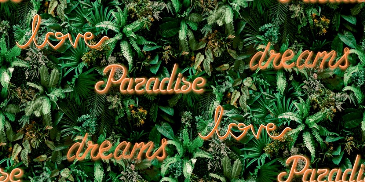 Noordwand - Good - Vibes - Behang - Neon - letter - with - plants - groen - en - oranje