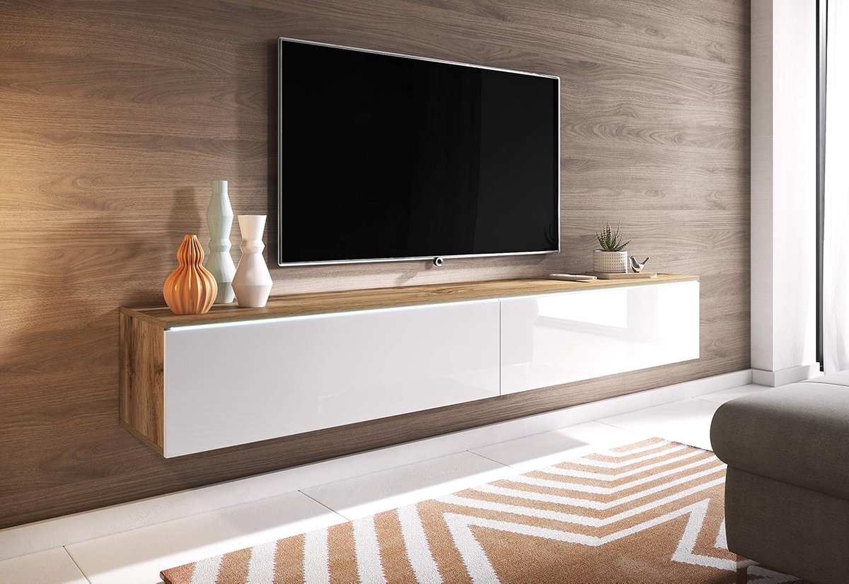Blink Vision Zwevend TV-Meubel – Modern Wandmeubel in Wotan Eiken & Hoogglans – 180x33x30 cm – Voor TV's tot 75 inch