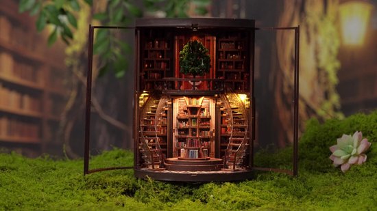 Miniatuur Bouwpakket-DIY Book Nook Kit-DIY Miniatuur Boekenkast met LED & Deur – Houten 3D Puzzel Bibliotheek – Touch Verlichting – Decoratie & Cadeau voor Volwassenen