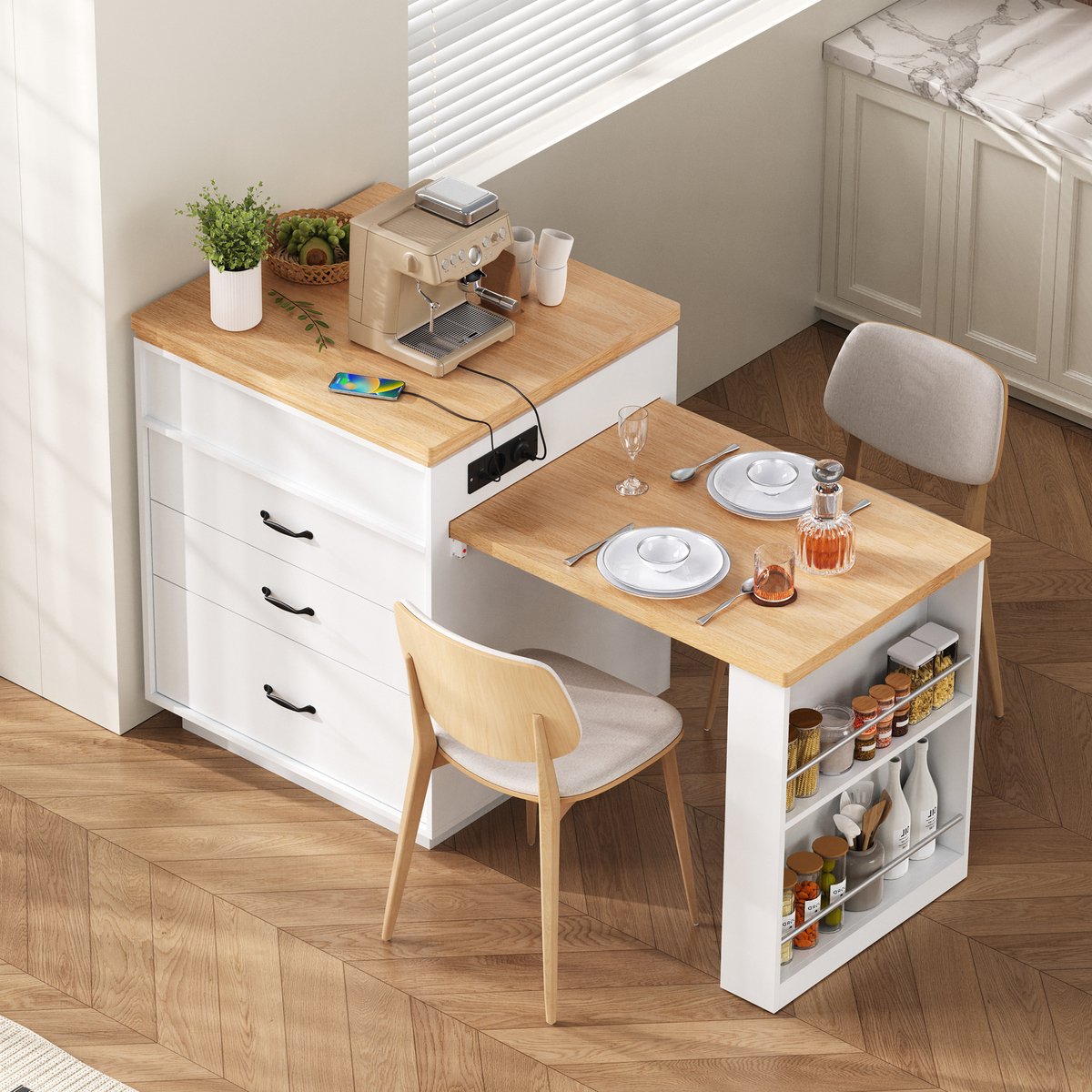 MIVRAY Keukeneiland - Uitschuifbare Eettafel Met Led En Oplaadpunt - Voor Keuken En Eethoek - MDF - Wit - 125,5-187,5x71x93 Cm
