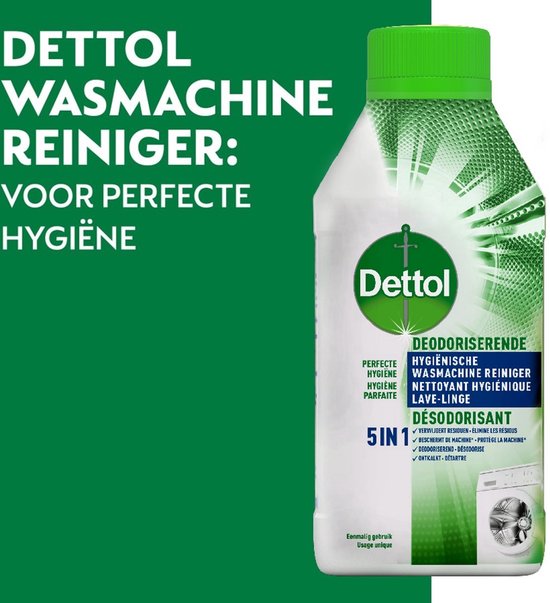 Nettoyant machine à laver Dettol pour une hygiène parfaite. La bouteille est blanche avec des accents verts. Au fond, une séparation verte et blanche.