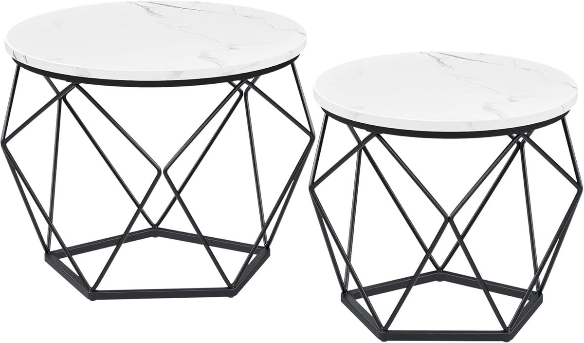 Vasagle ronde salontafel, set van 2, woonkamertafel, bijzettafel, modern, afneembaar tafelblad, voor woonkamer, marmer wit-inktzwart LCT041W59 Wit + Zwart