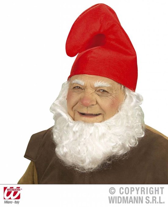 Een man met een rood kaboutermutje, witte baard en wenkbrauwen.