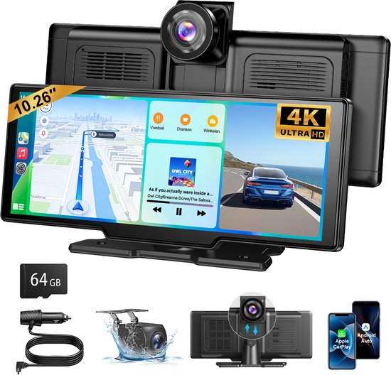 ESSGOO Draadloos CarPlay Scherm 10 Inch - Geschikt voor Android Auto Scherm - Dashcam voor auto - Incl. 64GB SD