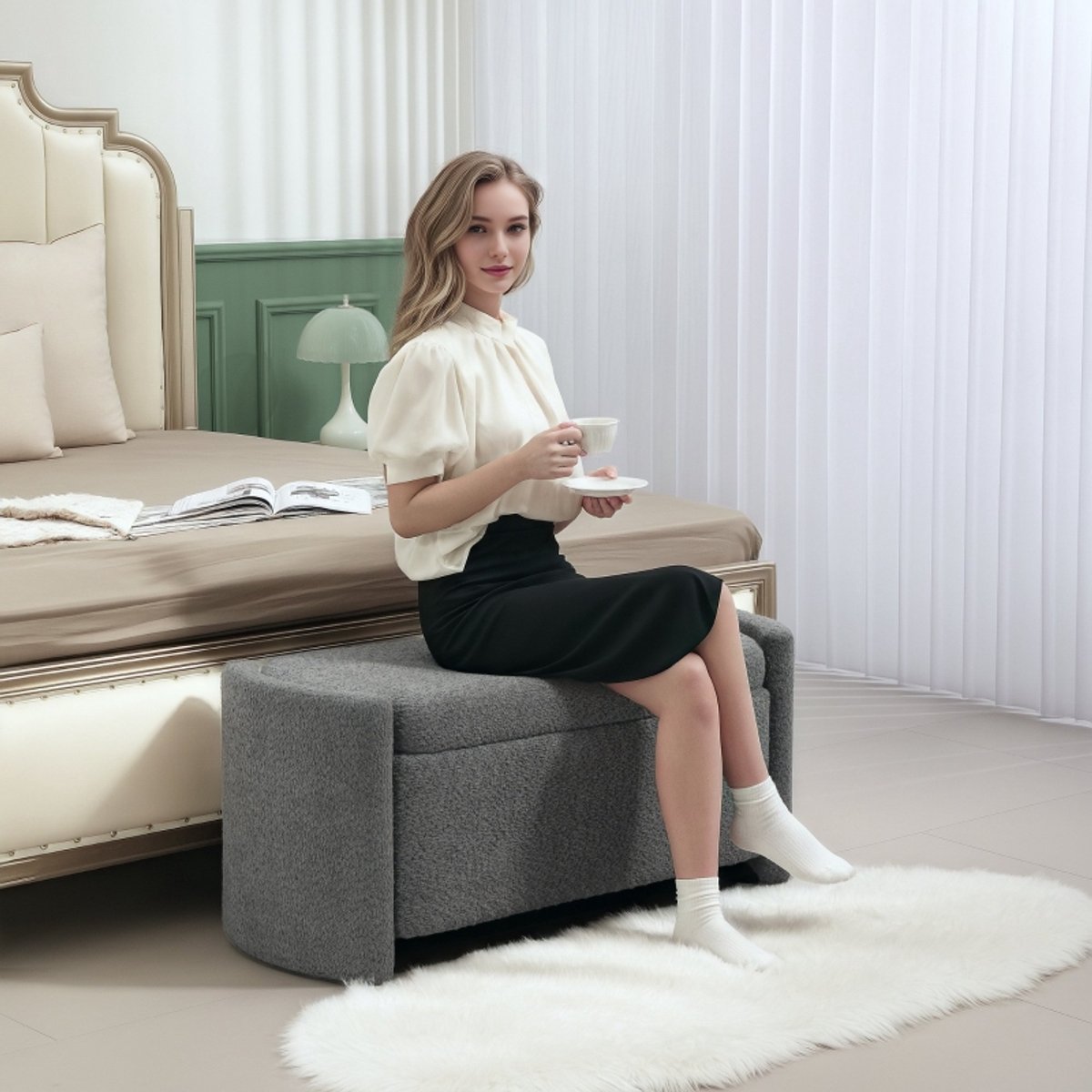MODFU - Opbergbank - Met Scharnierend Deksel - Gestoffeerd - Voor Woonkamer Of Slaapkamer - Polyester - Grijs - 105 X 44 X 45,5 Cm
