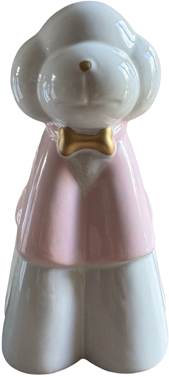 Labradoodle / Poedel Hondenurn – 850 ml – Keramiek – Handgemaakt – Wit met Roze – Gouden Strik