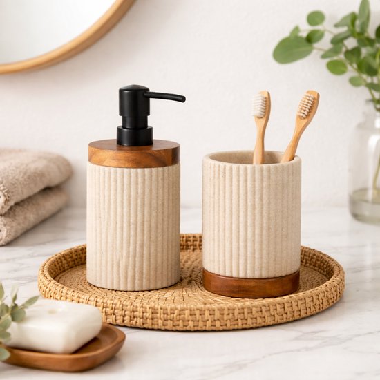Niagara Luxe badkameraccessoire set 2-delig – zeepdispenser en tandenborstelbeker – Naturel/Zwart
